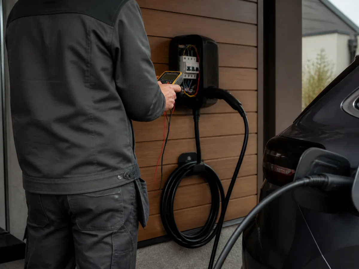 Électricien testant une borne de recharge murale reliée à une voiture électrique