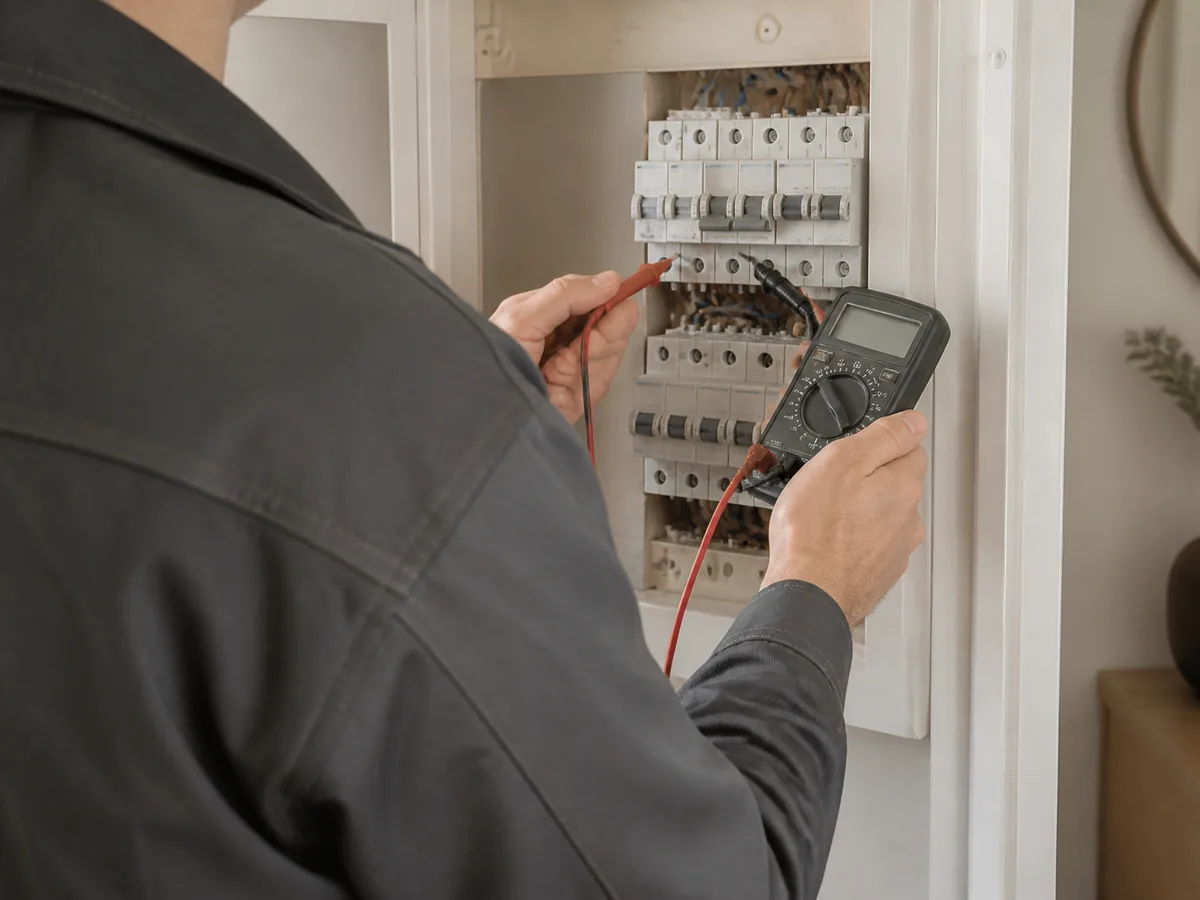 Électricien testant un tableau ancien avec un multimètre dans l'entrée d'un appartement