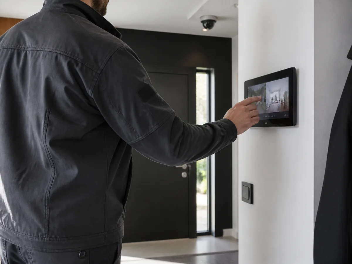 Électricien configurant un écran de contrôle domotique à l'entrée d'une maison moderne