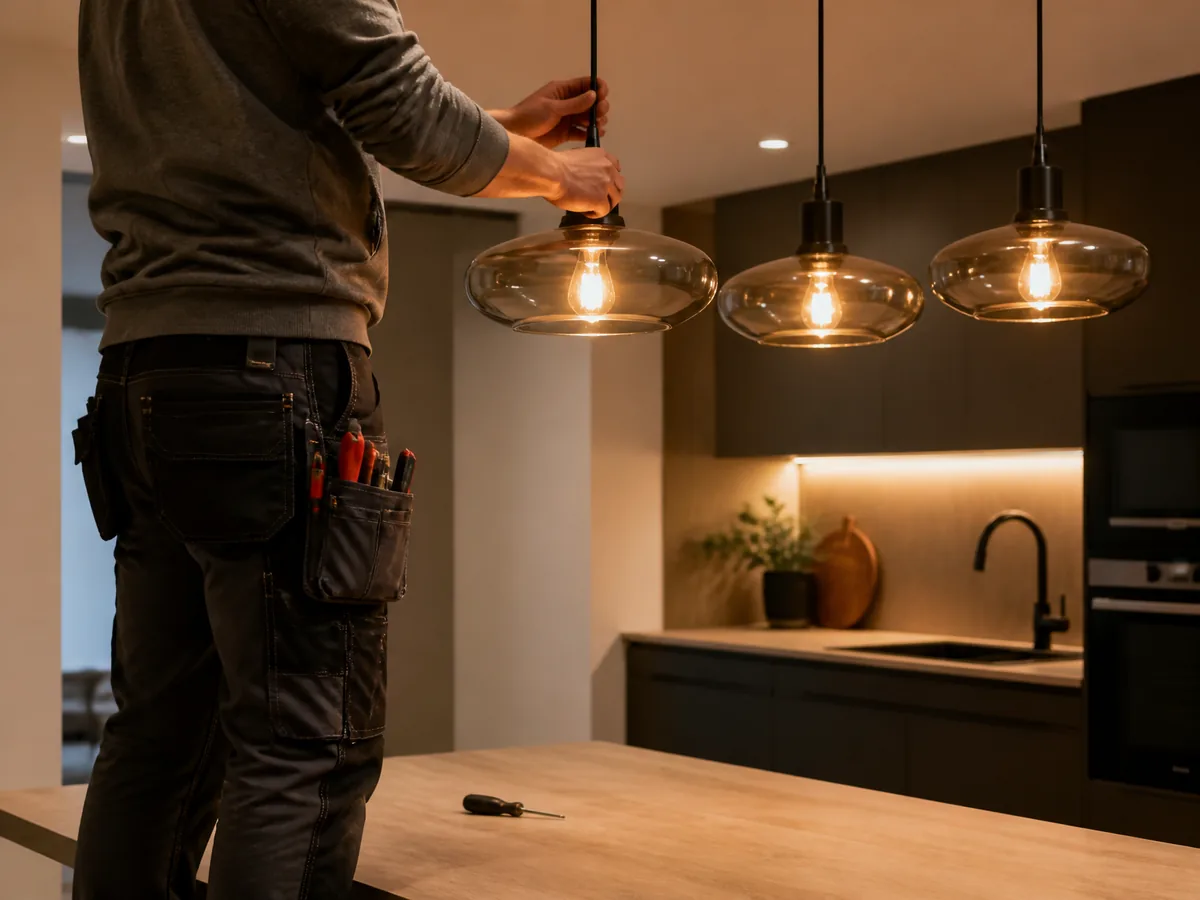 Électricien réglant des suspensions lumineuses au-dessus de l'îlot d'une cuisine moderne