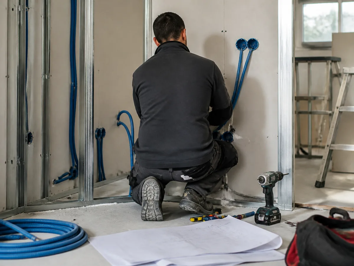 Électricien posant des gaines bleues et des boîtes d'encastrement sur un chantier de rénovation