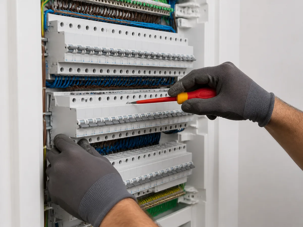 Mains gantées intervenant sur un tableau électrique résidentiel moderne au câblage bien rangé